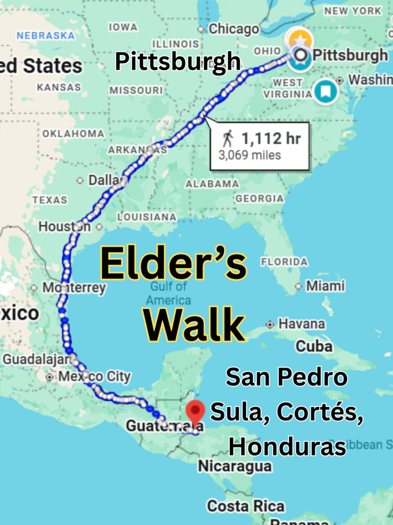 Google Maps screenshot of a 3,069-mile walking route from San Pedro Sula, Honduras to Pittsburgh, Pennsylvania, highlighting the length and difficulty of Elder’s journey toward legal opportunity in the United States.
