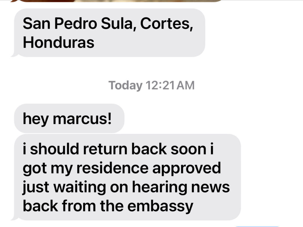 Screenshot of a text message from Elder confirming his legal immigration approval and stating he is now waiting for his appointment at the U.S. embassy to finalize his return.

