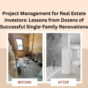 Project manager overseeing home renovation with team of contractors at single-family investment property.