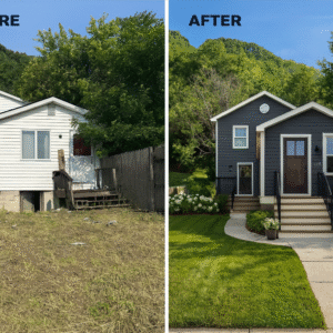 Side-by-side before-and-after comparison of a white two-story home with overgrown lawn transformed into a modern charcoal-gray house with new steps, landscaping, and lush green grass.
