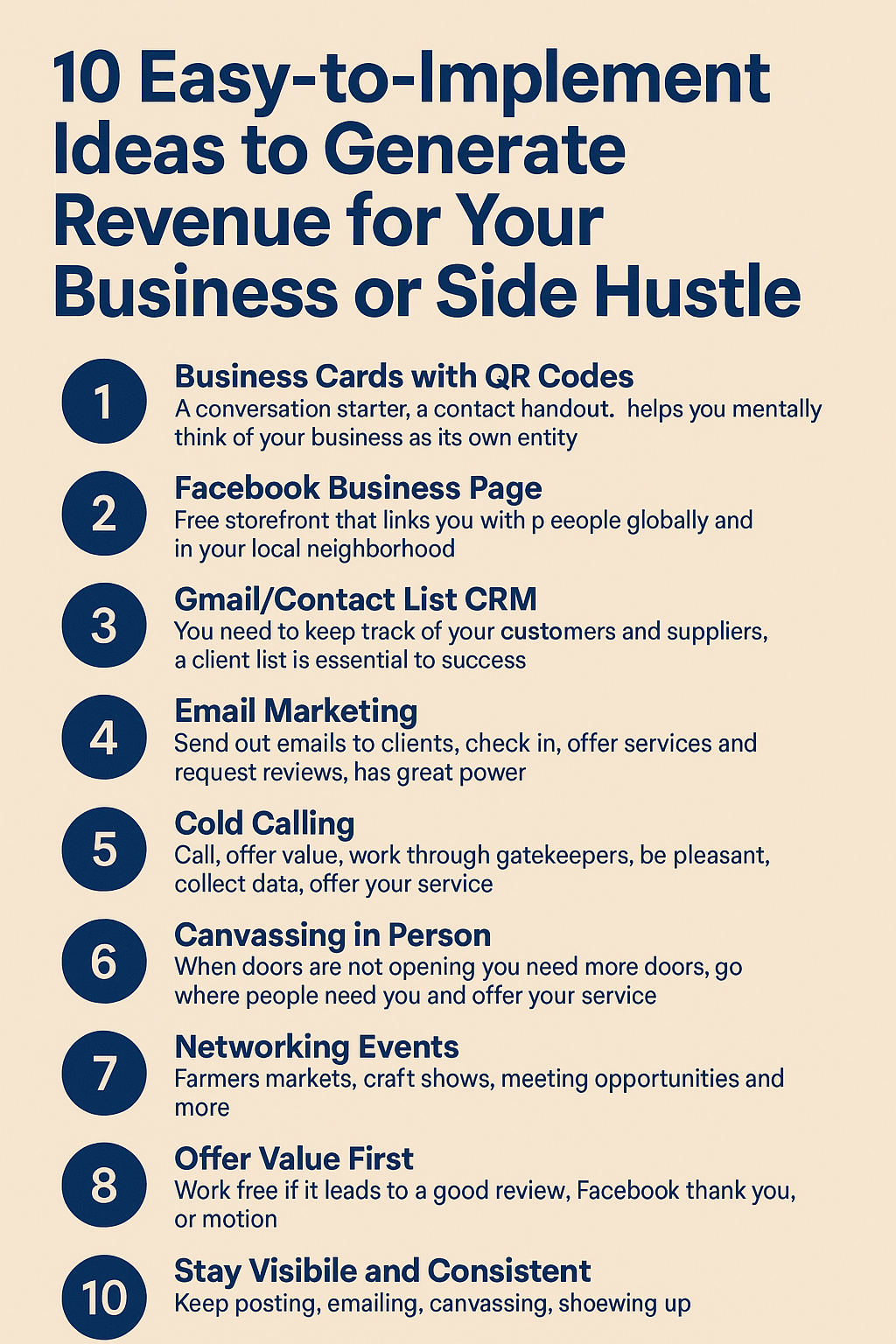 Infographic titled “10 Easy-to-Implement Ideas to Generate Revenue for Your Business or Side Hustle,” with ten numbered strategies such as business cards with QR codes, Facebook business page, Gmail CRM, email marketing, cold calling, canvassing, networking events, offering value, collecting reviews, and staying consistent.