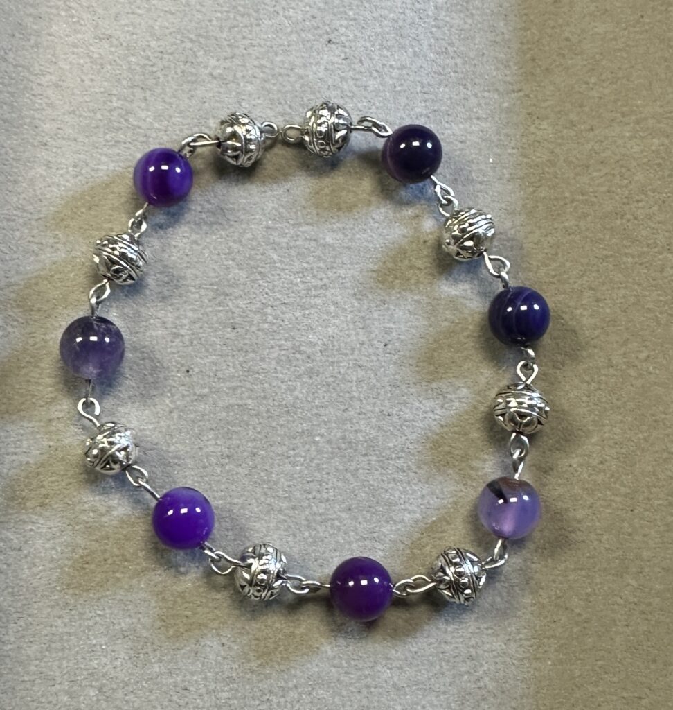 Handmade striped amethyst bracelet with Tibetan silver bead and polished natural purple quartz gemstones