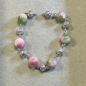 Handmade pink tourmaline and Persian jade wire bracelet with polished natural gemstone beads and silver lobster clasp