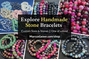 Handmade natural stone bracelets by Marcus R. Geiser Sr featuring amethyst, rose quartz, jasper, lava stone, and custom gemstone designs available at MarcusGeiser.com shop