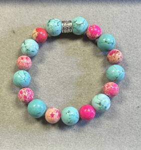Handmade Pink Sea Sediment Jasper and Howlite Turquoise chunky natural stone bracelet with 12mm and 10mm beads