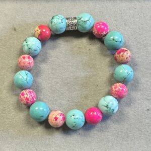 Handmade Pink Sea Sediment Jasper and Howlite Turquoise chunky natural stone bracelet with 12mm and 10mm beads