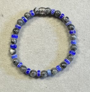 Handmade black labradorite and blue glass stretch bracelet with polished gemstone beads