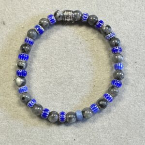 Handmade black labradorite and blue glass stretch bracelet with polished gemstone beads