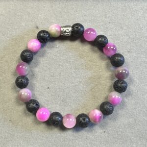 Handmade pink Persian jade and black lava stone bracelet with natural polished gemstone beads