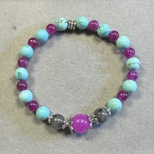 Handmade howlite, black labradorite, and pink tourmaline bracelet with natural polished gemstone beads