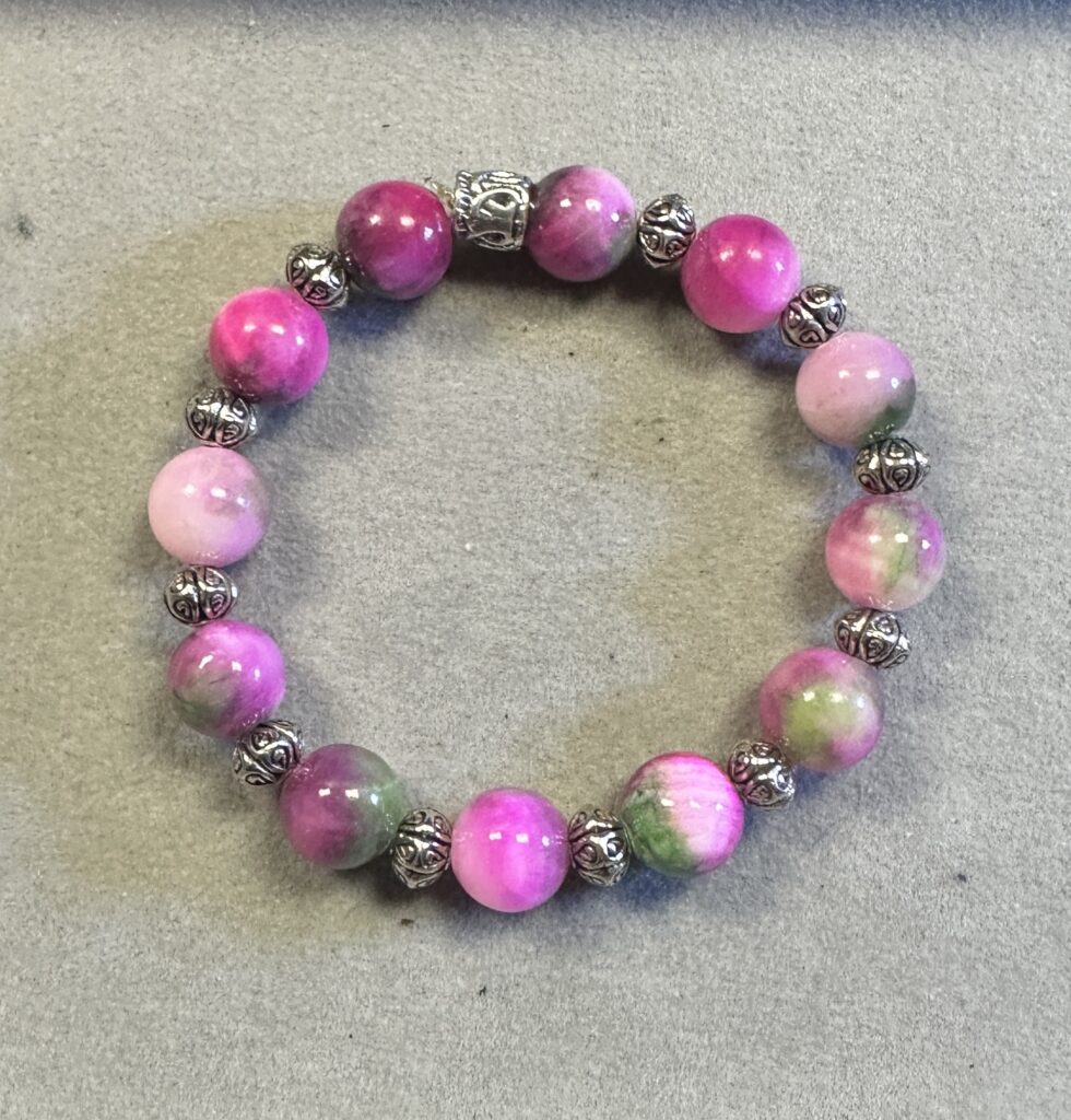 Handmade pink tourmaline and Persian jade bracelet with Tibetan silver bead and polished natural gemstone beads