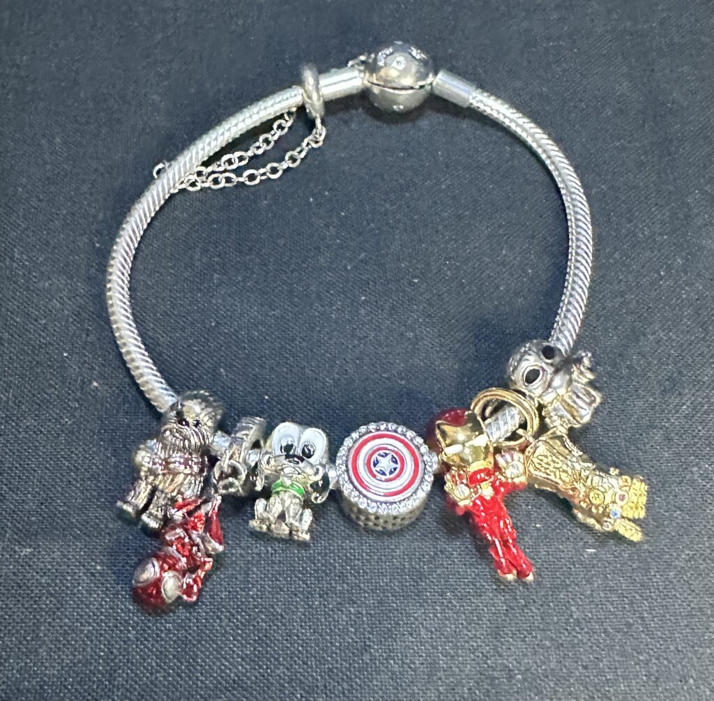 Sterling silver super hero charm bracelet with natural gemstone beads and detailed silver accents