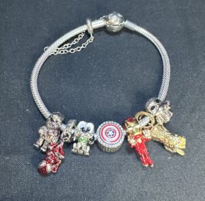 Sterling silver super hero charm bracelet with natural gemstone beads and detailed silver accents