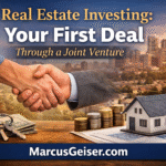 Handshake over a house model and financial documents representing a joint venture real estate investment partnership and first fix-and-flip deal.
