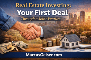 Handshake over a house model and financial documents representing a joint venture real estate investment partnership and first fix-and-flip deal.
