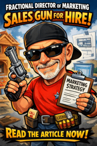 Cartoon caricature of a retired general contractor turned fractional director of marketing, holding a marketing strategy clipboard at a construction site, representing a sales and marketing gun for hire for contractors.