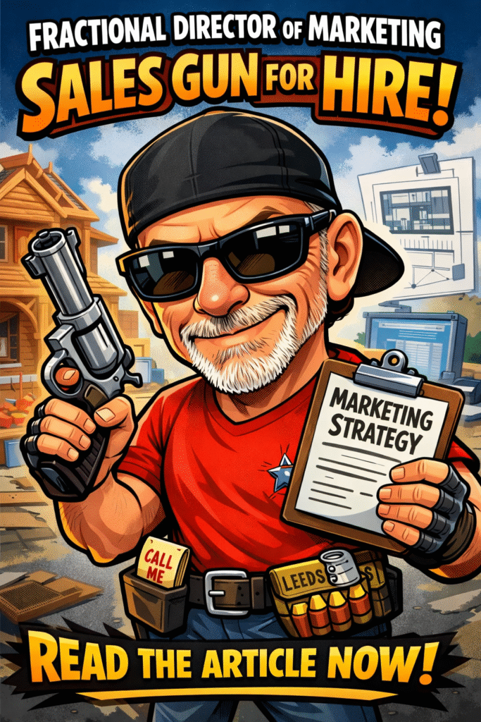 Cartoon caricature of a retired general contractor turned fractional director of marketing, holding a marketing strategy clipboard at a construction site, representing a sales and marketing gun for hire for contractors.