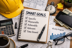 Notebook with SMART goals written on a checklist with construction plans and business notes