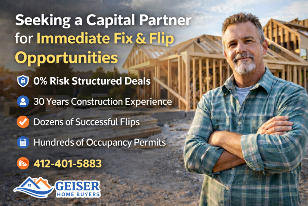 Real estate investor seeking capital partner for fix and flip projects with construction site background and Geiser Home Buyers branding
