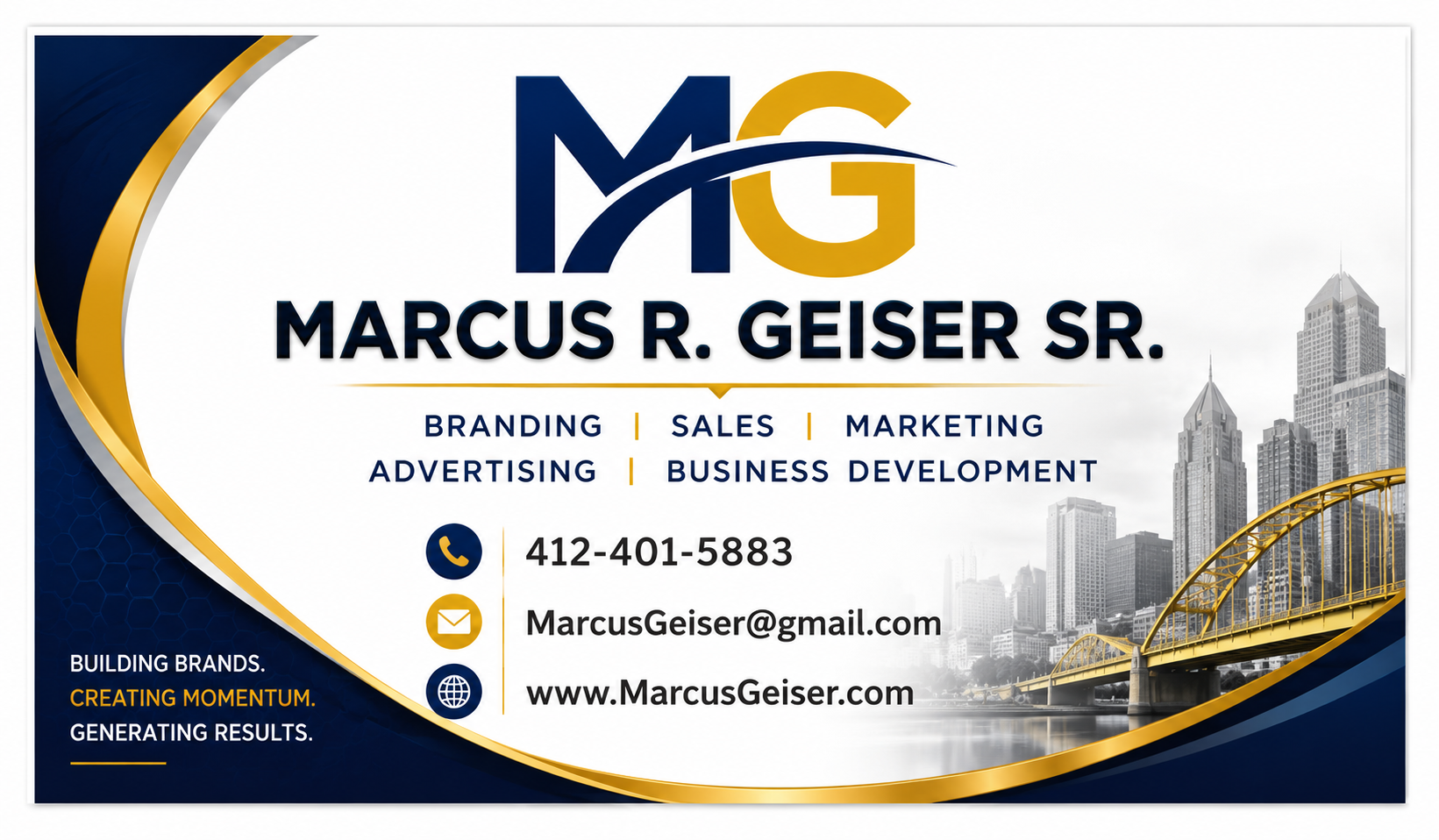 Marcus R. Geiser Sr. business card for branding, sales, marketing, advertising and business development