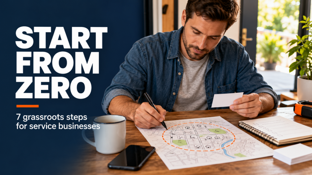 A new service business owner reviews a business card and maps out local outreach in a five-mile area.