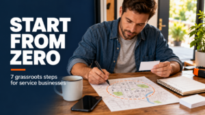 A new service business owner reviews a business card and maps out local outreach in a five-mile area.
