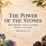 Black obsidian, green aventurine, fluorite, and lava stone jewelry framing the centered title “The Power of the Stones.”