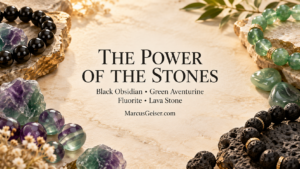 Black obsidian, green aventurine, fluorite, and lava stone jewelry framing the centered title “The Power of the Stones.”